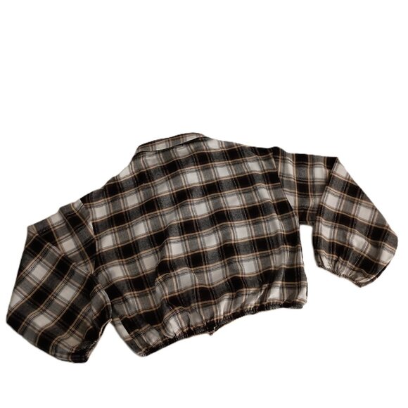 Hesperus Cropped Flannel Plaid Oversized Shirt Black Tan White Women’s Size L - Picture 5 of 16